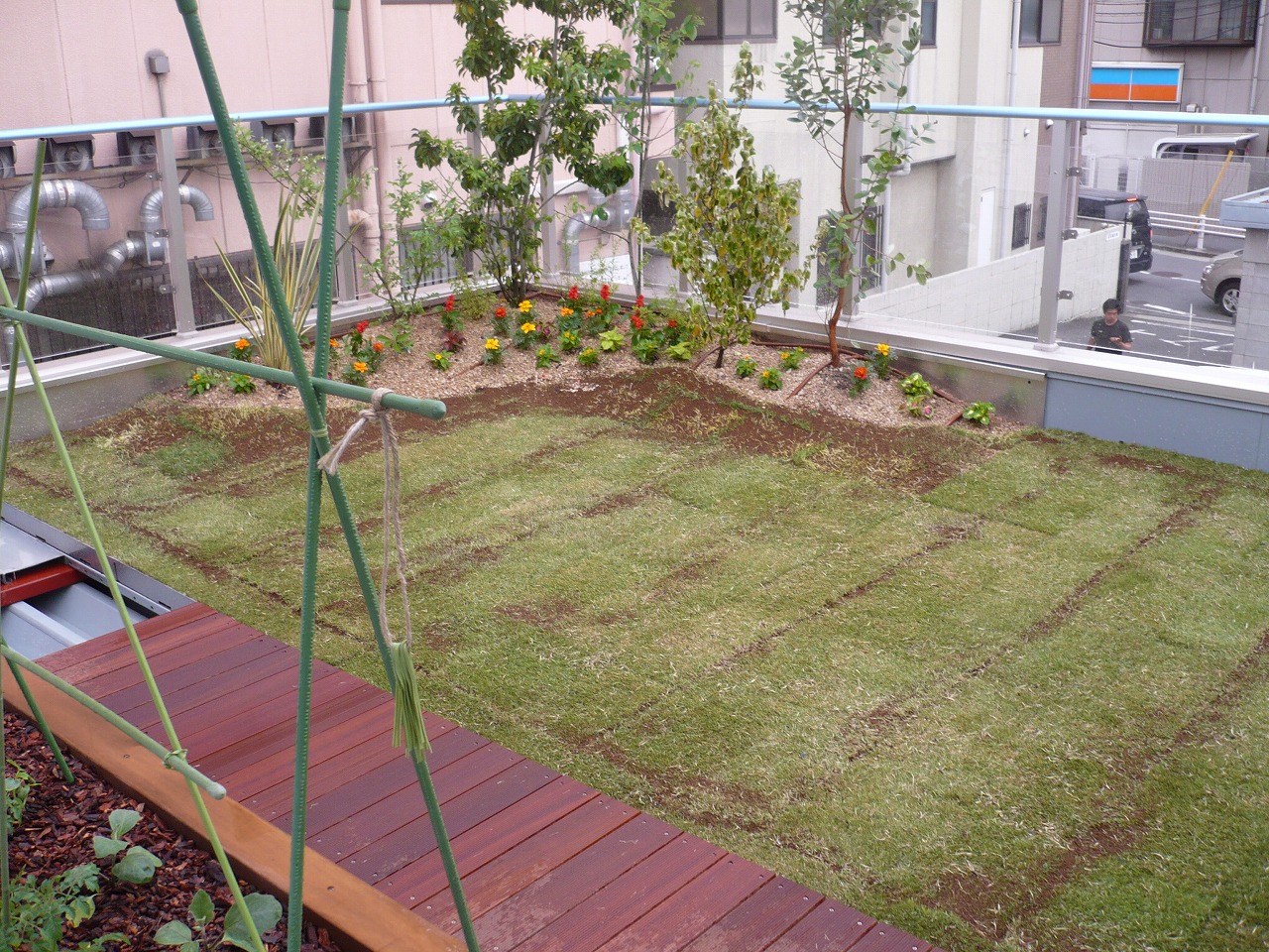 菜園とデッキと芝生の屋上